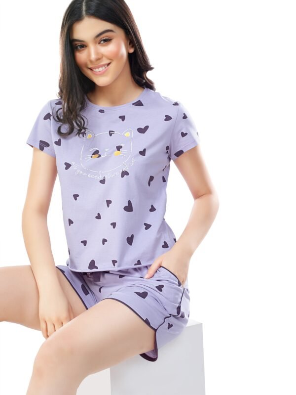 Women's Cotton Violet Heart Printed Shorts Set