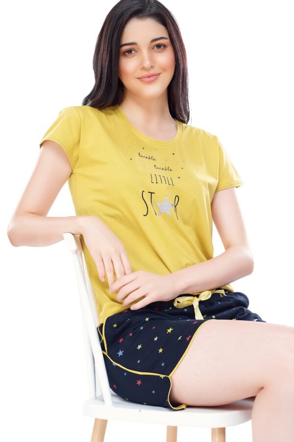Women's Cotton Yellow Star Printed Shorts Set