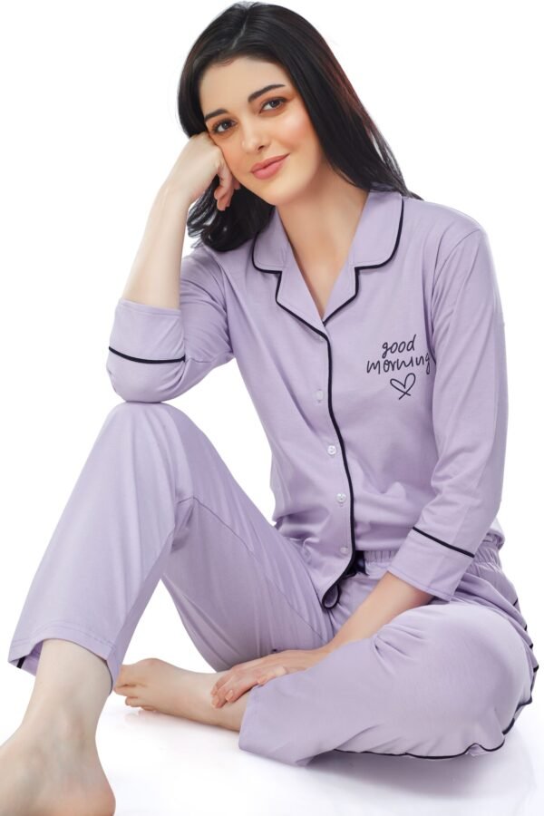 Women's Cotton Lavender Solid Stylish Night Suit Set