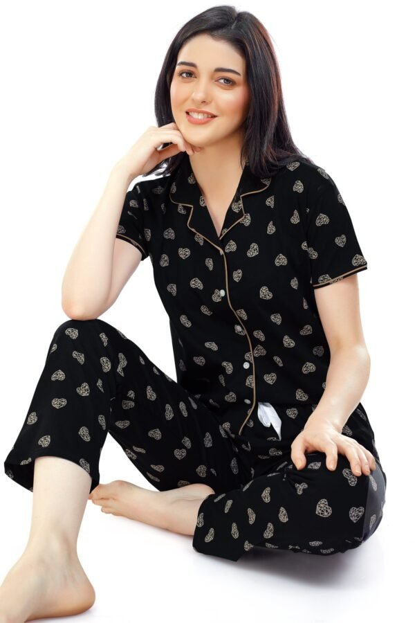 Women's Cotton Black Heart Printed Stylish Night Suit Set