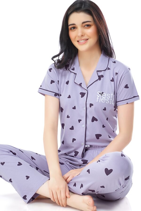 Women's Cotton Violet Heart Printed Stylish Night Suit Set