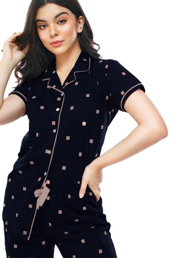 Women's Cotton Navy Blue & Peach Square Printed Stylish Night Suit Set