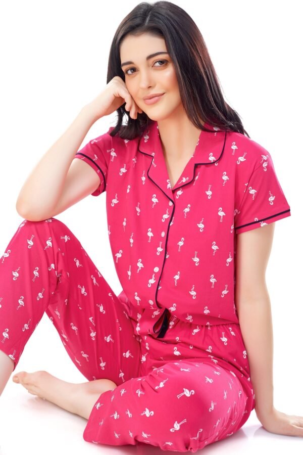 Women's Cotton Dark Pink Flamingo Printed Stylish Night Suit Set