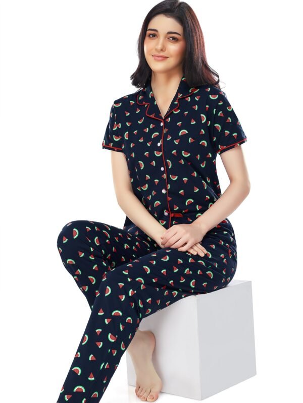 Women's Cotton Navy Blue Water Melon Printed Stylish Night Suit Set