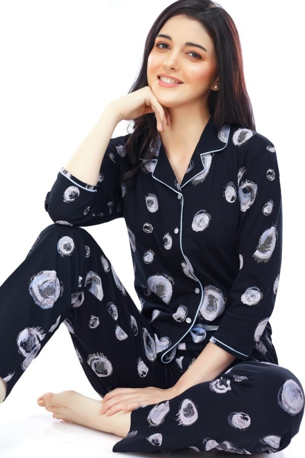 Women's Cotton Navy Blue Bubble Printed Stylish Night Suit Set