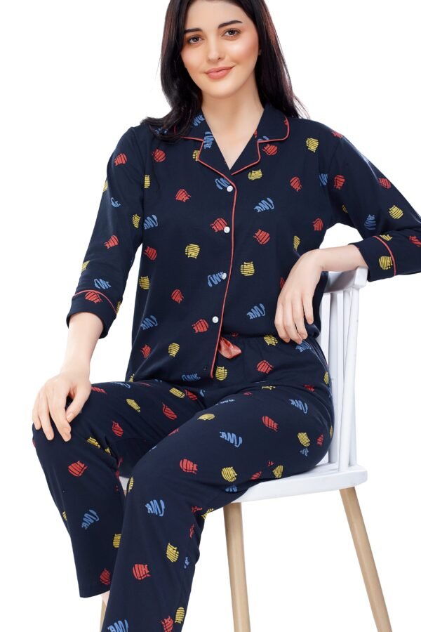Women's Cotton Navy Blue Cat Printed Stylish Night Suit Set