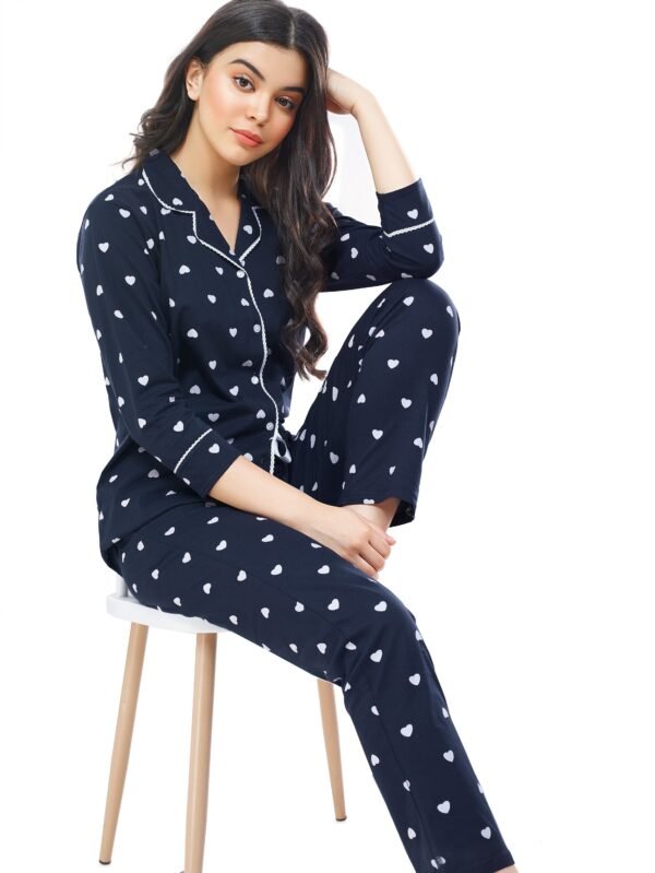 Women's Cotton Navy Blue Heart Printed Stylish Night Suit Set