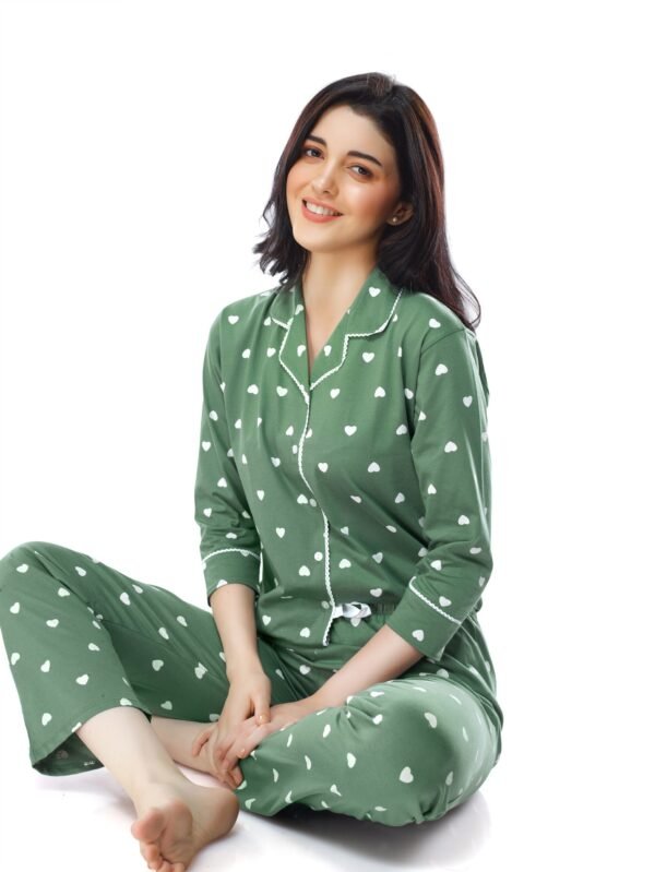 Women's Cotton Green Heart Printed Stylish Night Suit Set