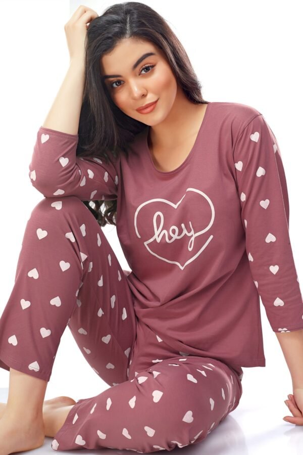 Women's Cotton Brown Heart Printed Stylish Night Suit Set