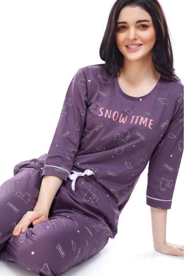 Women's Cotton Purple Bear Printed Stylish Night Suit Set