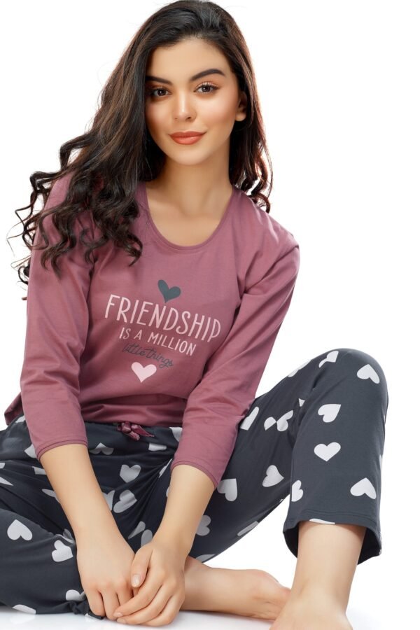 Women's Cotton Brown Heart Printed Stylish Night Suit Set