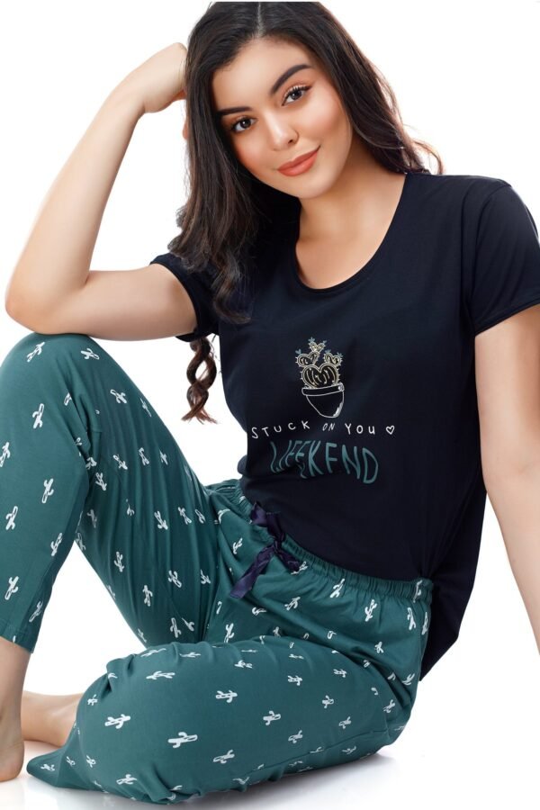 Women's Cotton Dark Navy Blue Cactus Printed Stylish Night Suit