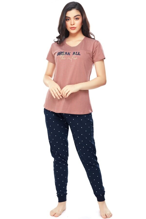 Women's Cotton Brown Striped & Dot Printed Stylish Night Suit Set