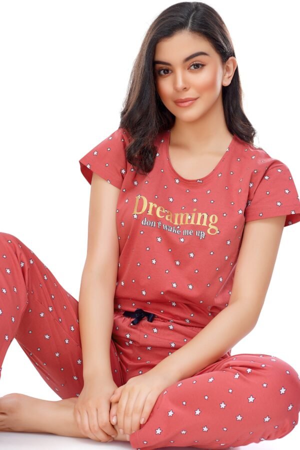 Women's Cotton Rust Brown Star Printed Stylish Night Suit Set