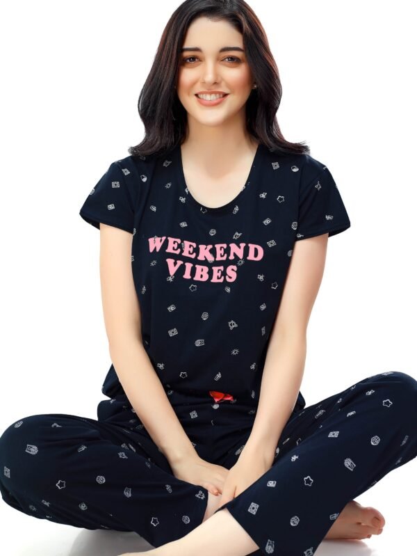 Women's Cotton Navy Blue Printed Stylish Night Suit Set