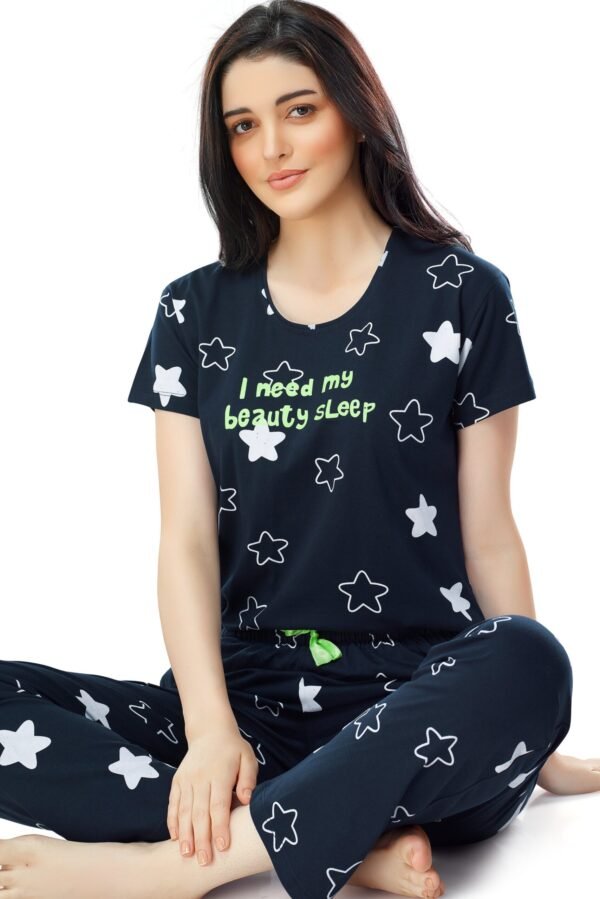Women's Cotton Green Star Printed Stylish Night Suit Set