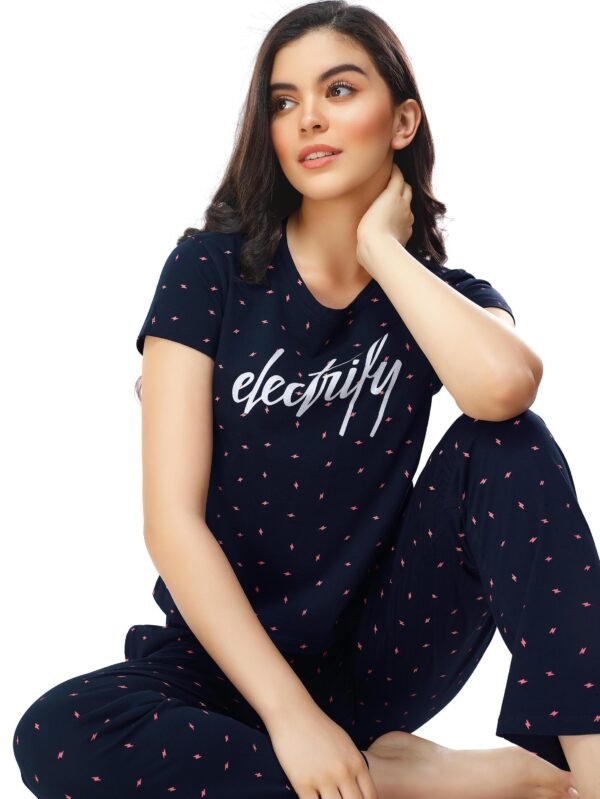 Women's Cotton Navy Blue Flash Printed Stylish Night Suit Set