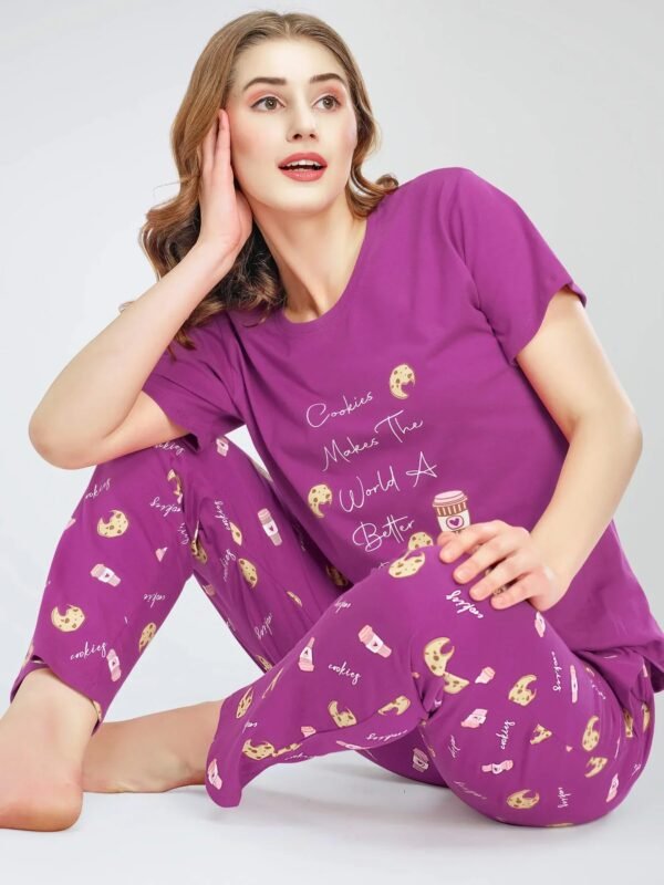 Women's Purple Cookies & Cup Printed Cotton Night Dress of Top and Pajama set