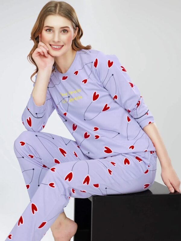 Women's Lavender Heart Printed Cotton Night Dress of Top and Pajama set