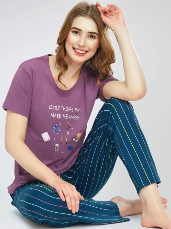 Women's Mauve Stripe Printed Cotton Night Dress of Top and Pajama set