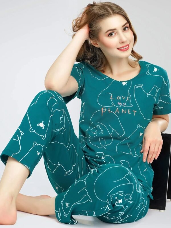 Women's Teal Green Polar Bear Printed Cotton Night Dress of Top and Pajama set
