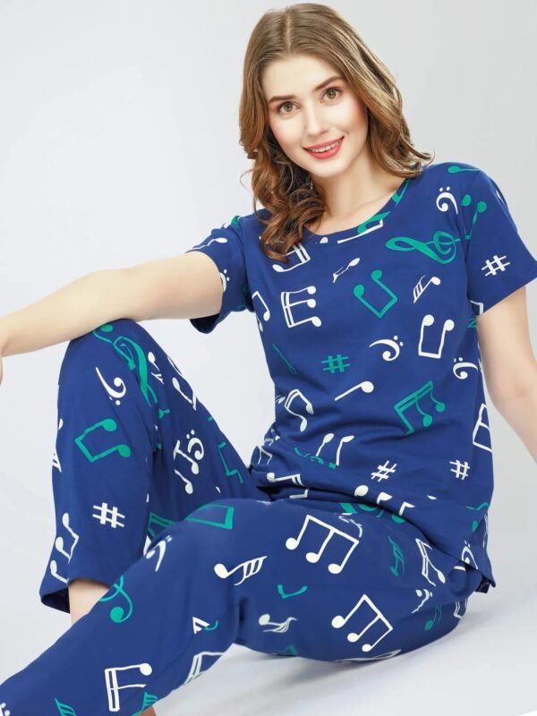 Women's Blue Musical Notes Printed Cotton Night Dress of Top and Pajama set