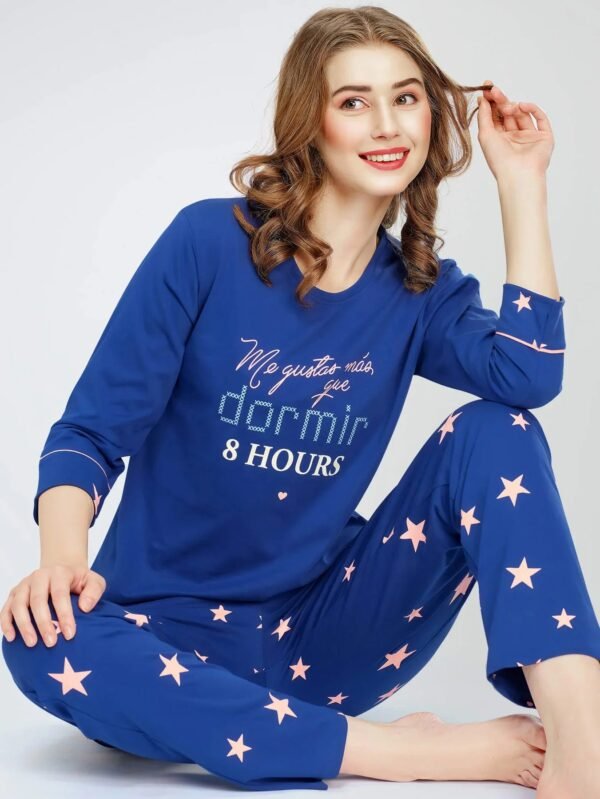 Women's Blue Star Printed Cotton Night Dress of Top and Pajama set