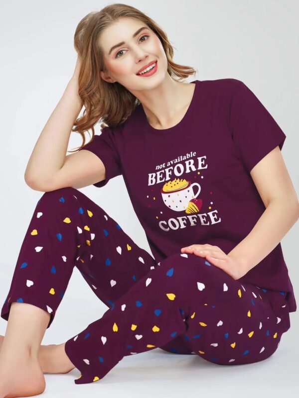 Women's Wine Berry Heart Printed Cotton Night Dress of Top and Pajama set