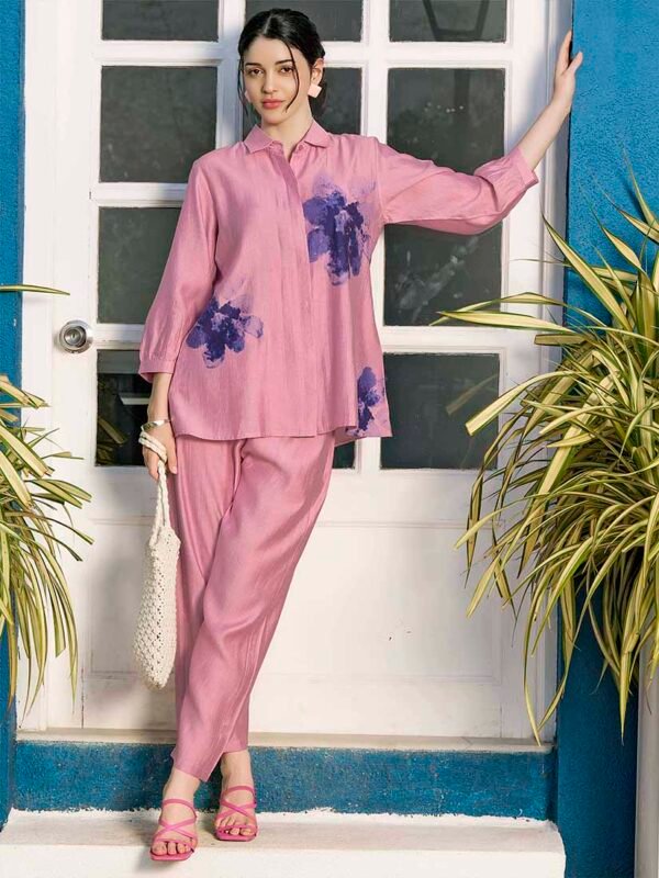 Women's Pink Floral Printed Viscos Night Dress of Shirt and Pajama Set