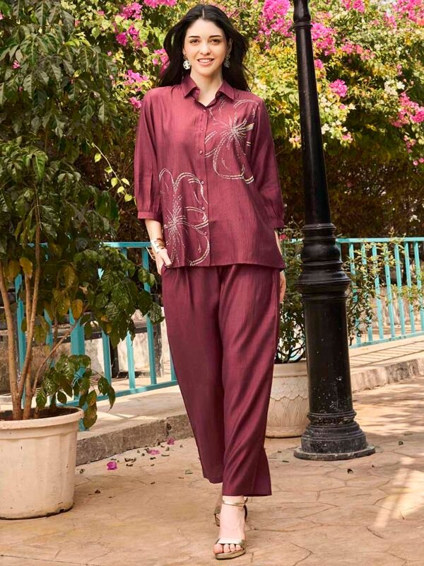 Women's Purple Floral Printed Viscos Night Dress of Shirt and Pajama Set