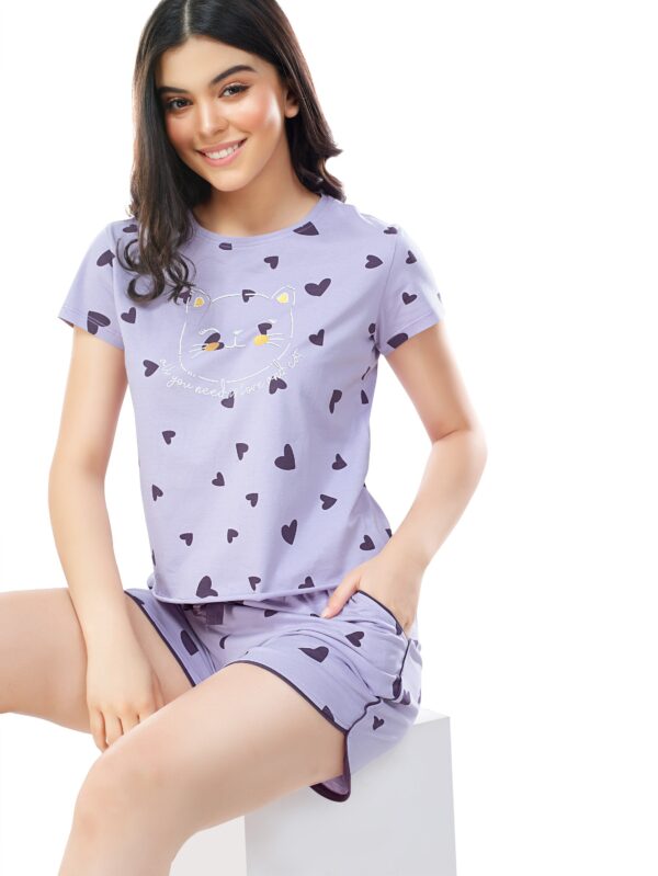 Women's Cotton Violet Heart Printed Shorts Set