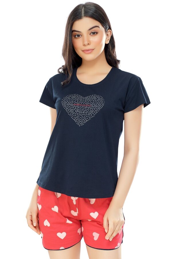Women's Cotton Navy Blue Heart Printed Shorts Set