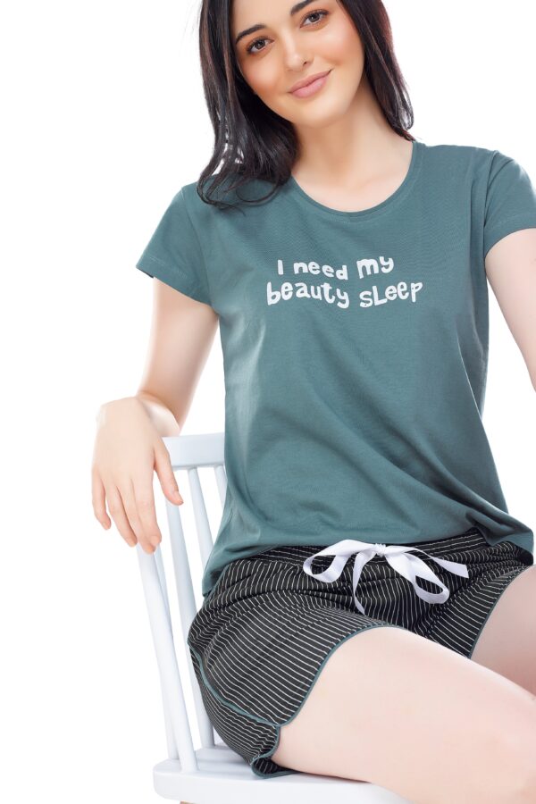 Women's Cotton Green Striped Printed Shorts Set