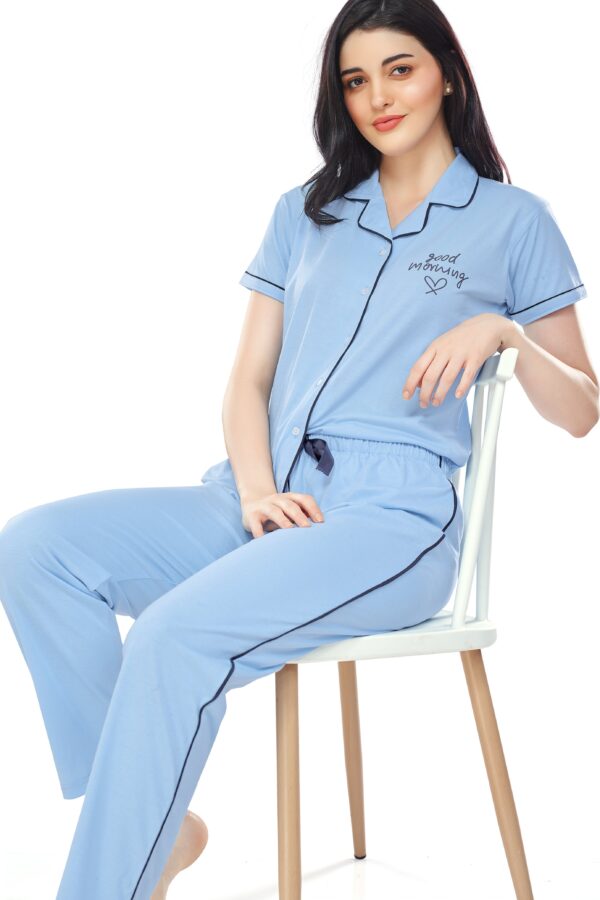 Women's Cotton Blue Solid Stylish Night Suit Set