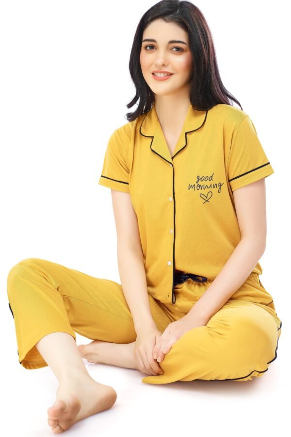 Women's Cotton Yellow Solid Stylish Night Suit Set