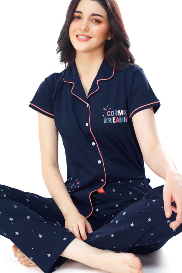 Women's Cotton Navy Blue Star Printed Stylish Night Suit Set