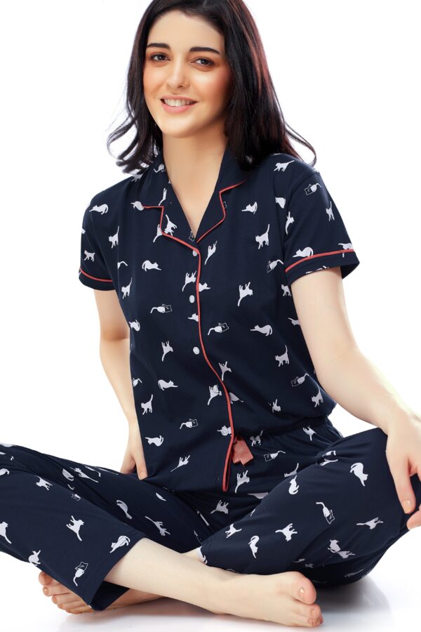 Women's Cotton Navy Blue Cat Printed Stylish Night Suit Set