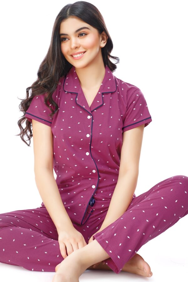 Women's Cotton Purple Flash Printed Stylish Night Suit Set