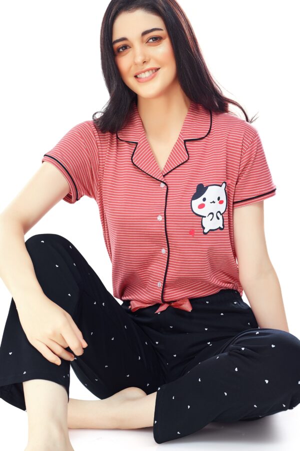 Women's Cotton Dark Pink Striped Stylish Night Suit Set