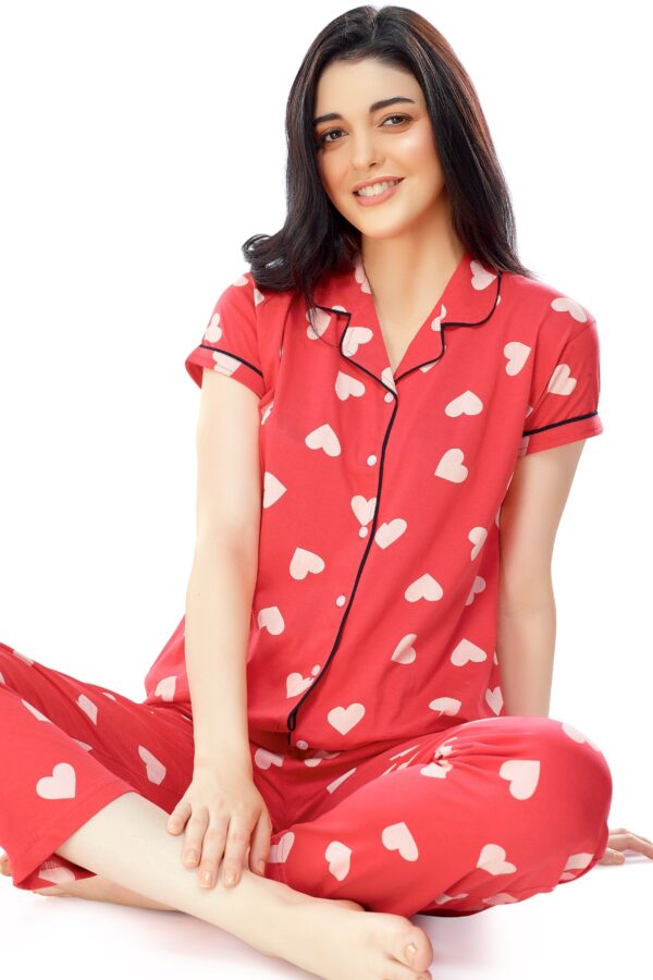 Women's Cotton Red Heart Printed Stylish Night Suit Set