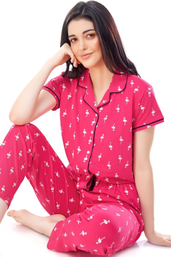 Women's Cotton Dark Pink Flamingo Printed Stylish Night Suit Set