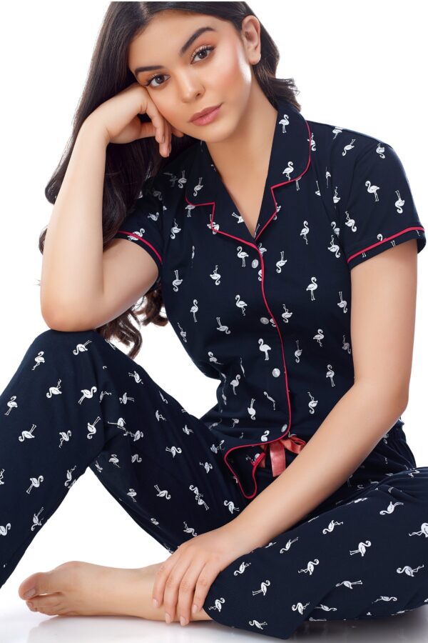 Women's Cotton Navy Blue Flamingo Printed Stylish Night Suit Set