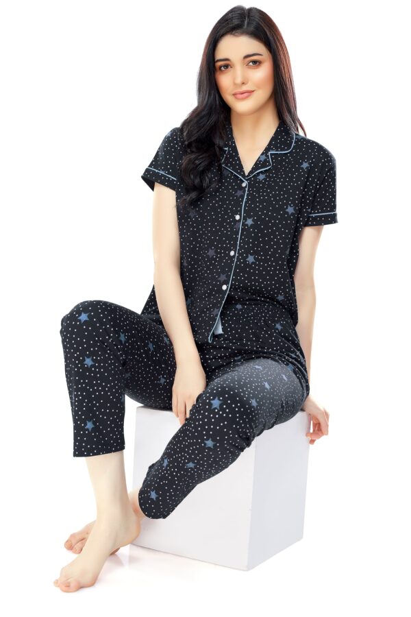 Women's Cotton Navy Blue Star & Dot Printed Stylish Night Suit Set