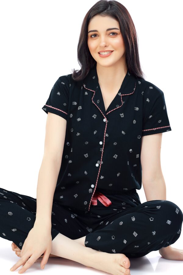 Women's Cotton Navy Blue Printed Stylish Night Suit Set