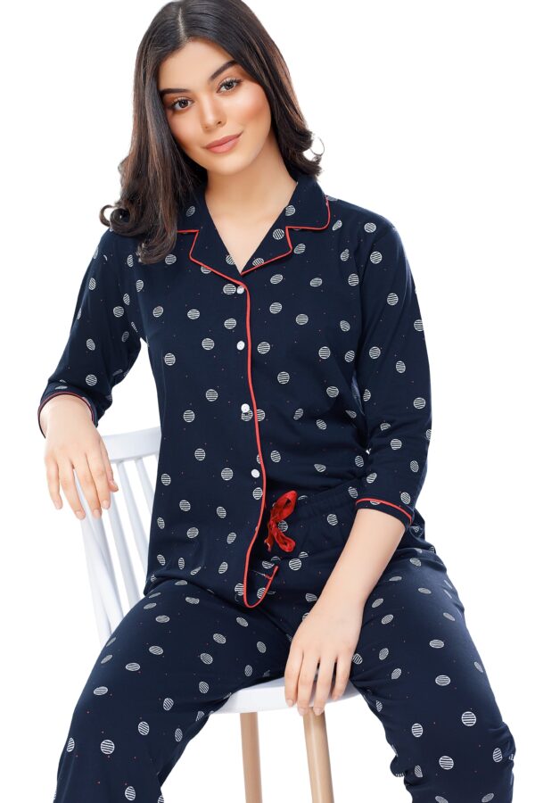Women's Cotton Navy Blue Geometric Printed Stylish Night Suit Set