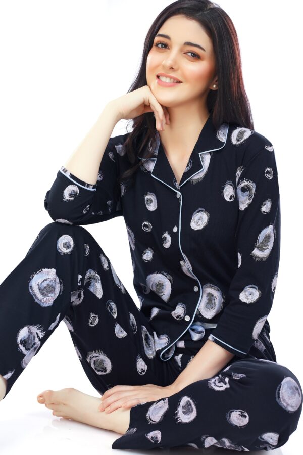 Women's Cotton Navy Blue Bubble Printed Stylish Night Suit Set