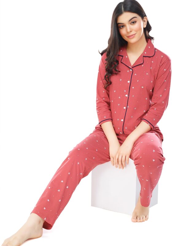 Women's Cotton Brown Star Printed Stylish Night Suit Set