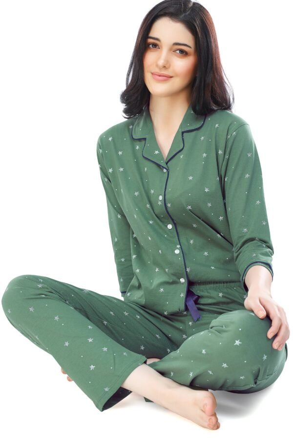 Women's Cotton Green Star Printed Stylish Night Suit Set