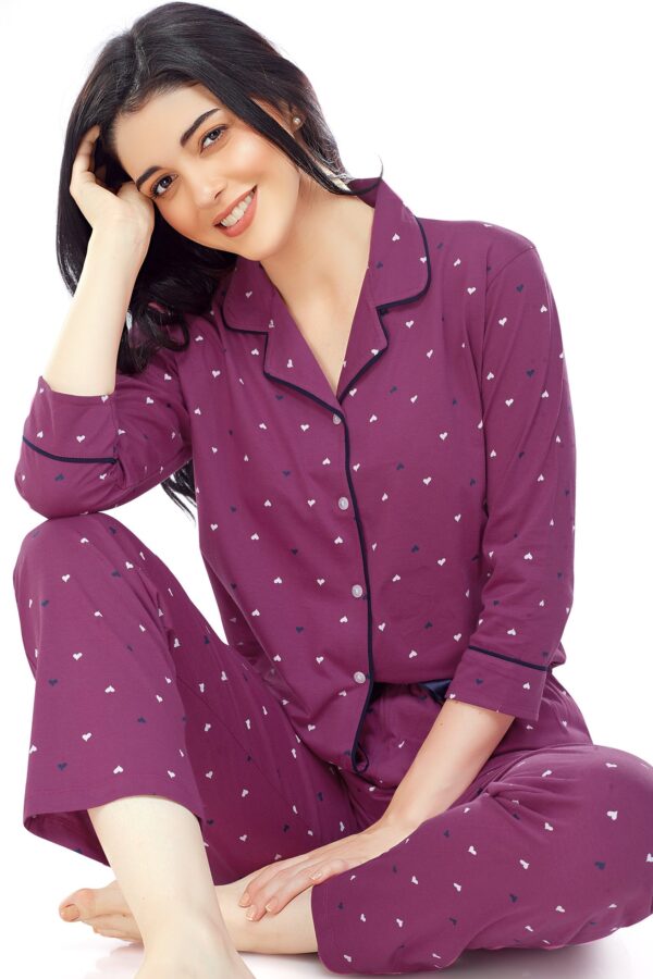 Women's Cotton Plum Red Heart Printed Stylish Night Suit Set