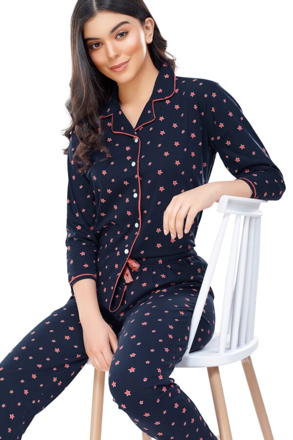 Women's Cotton Navy Blue Star Printed Stylish Night Suit Set